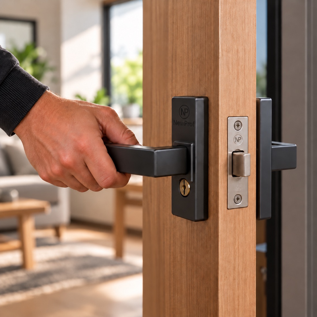 Mano accionando una manija y cerradura negra NewProf en una puerta de madera