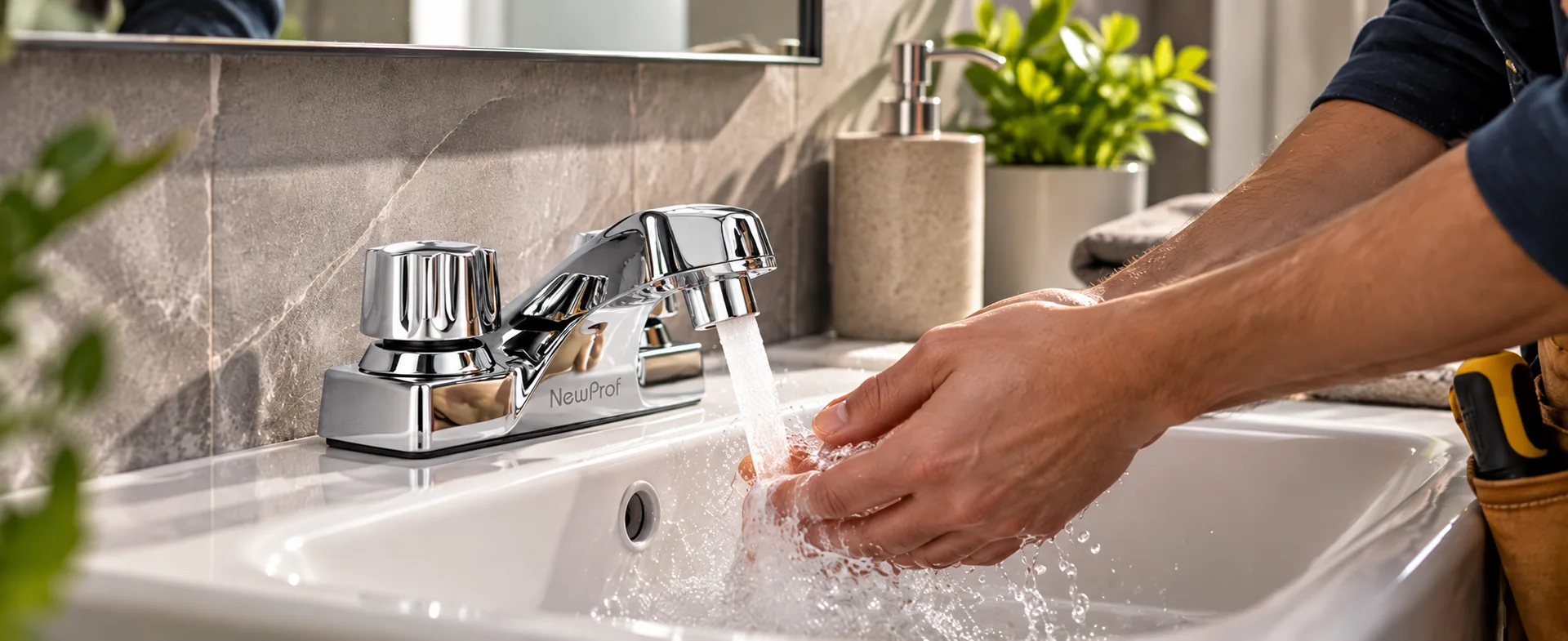 Manos bajo el agua de una mezcladora cromada NewProf instalada en un lavamanos