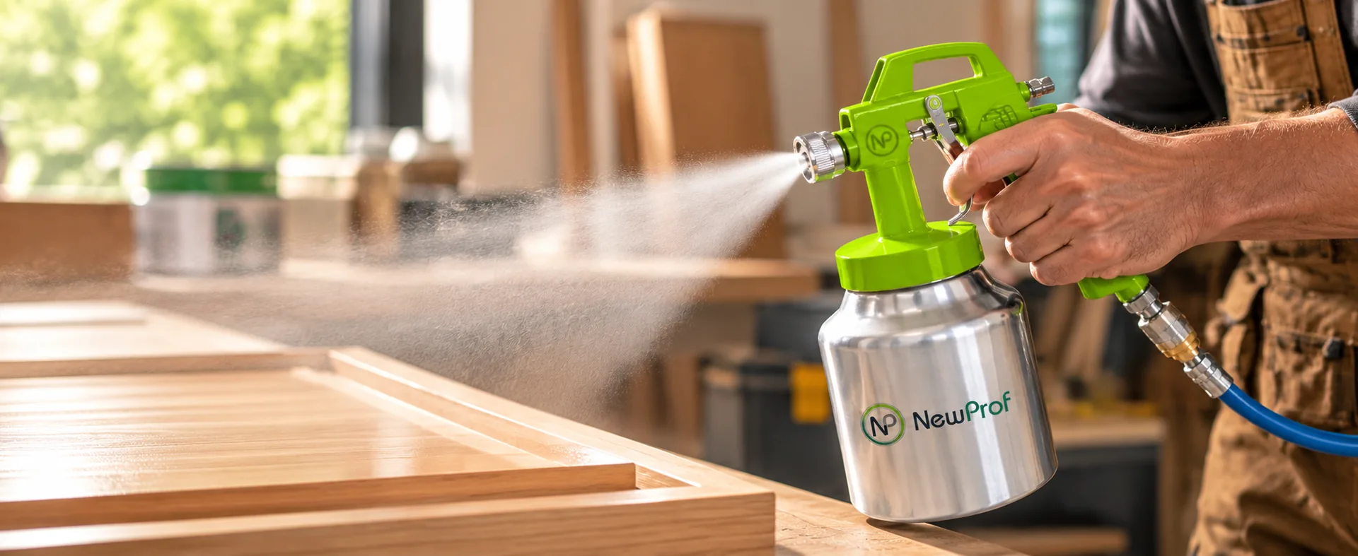 Profesional utilizando un pulverizador verde NewProf en un taller de madera